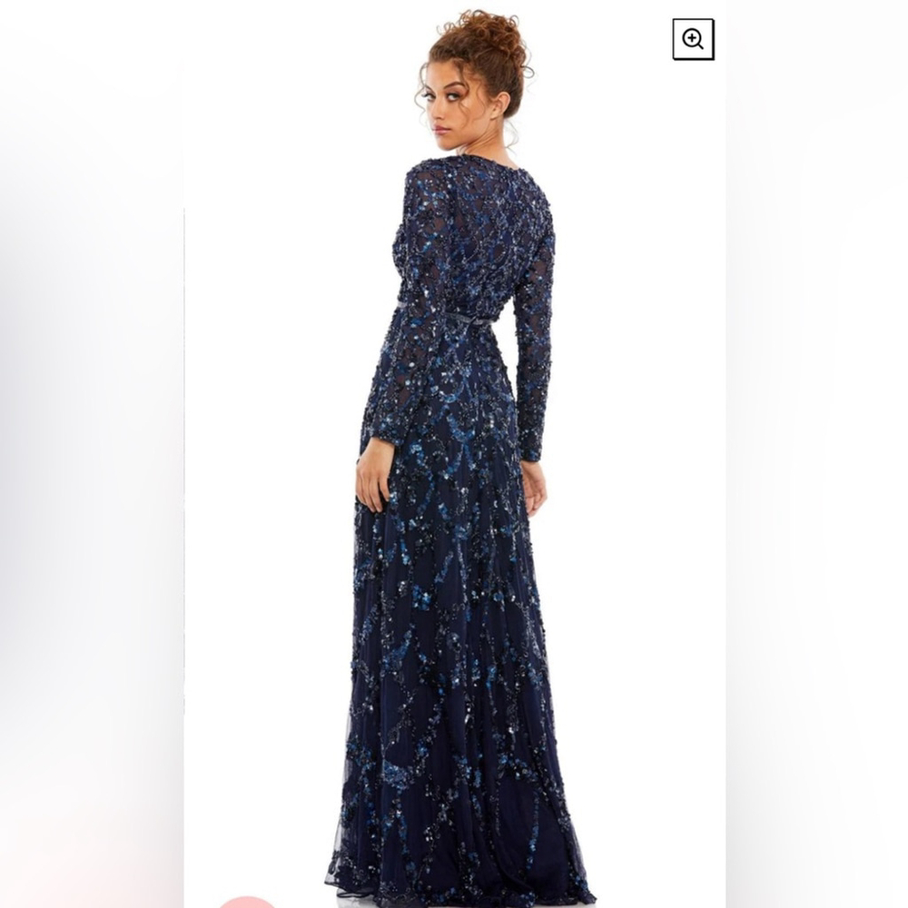 Mac Duggal Lattice sequined illusion neckline long sleeve A-line gown midnight - Picture 3 of 4
